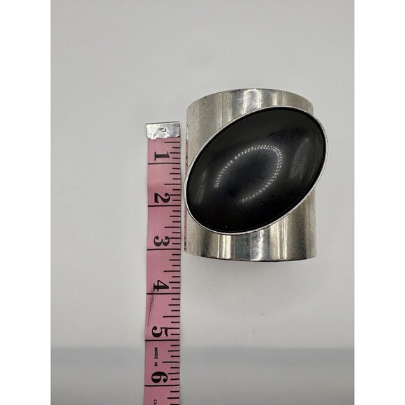 Large Silver Tone Cuff Bracelet Black Oval Stone Statement Bold Maximalist - Picture 4 of 4